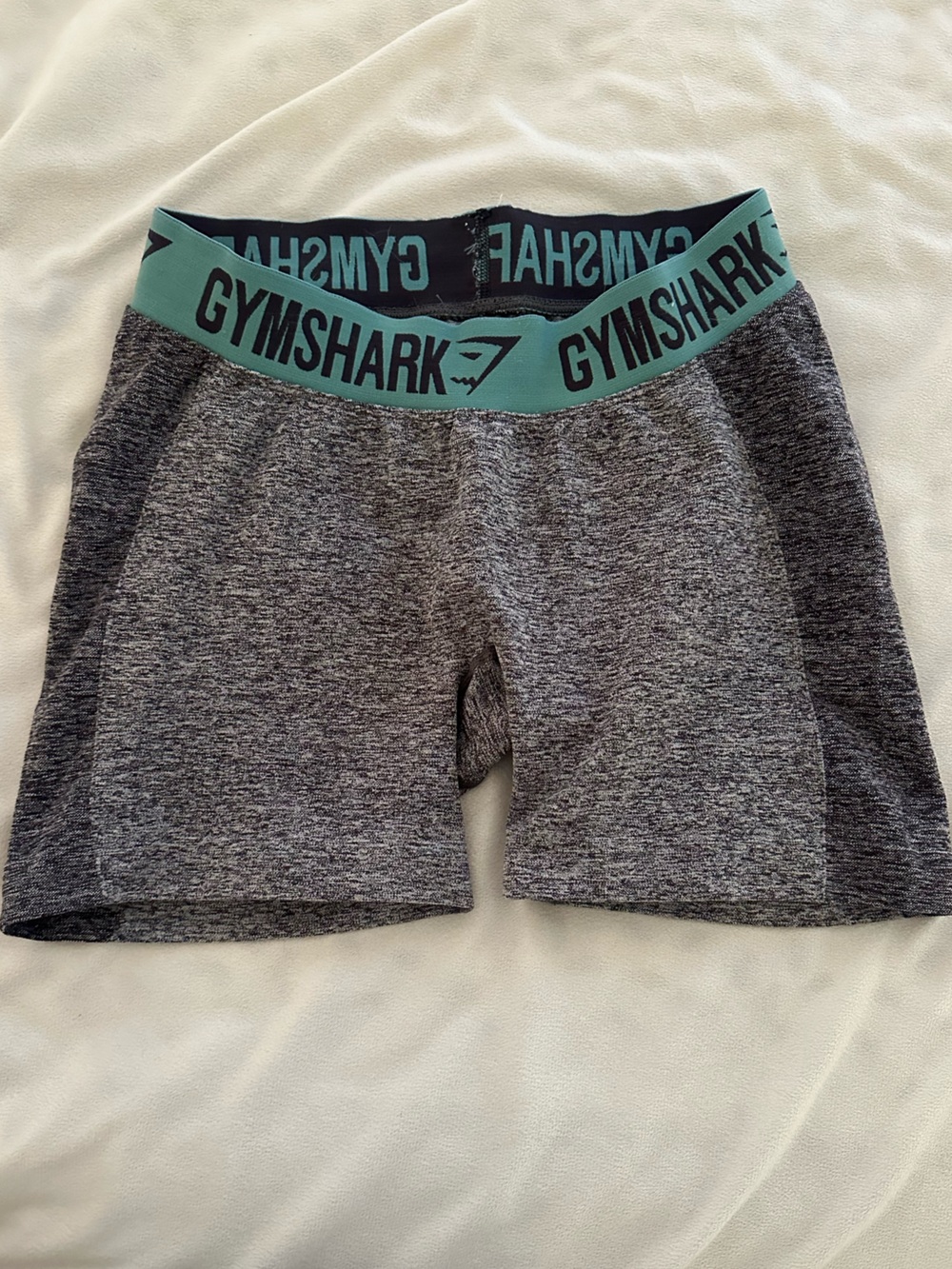Gymshark Gray Heathered Biker Shorts with Teal Waistband